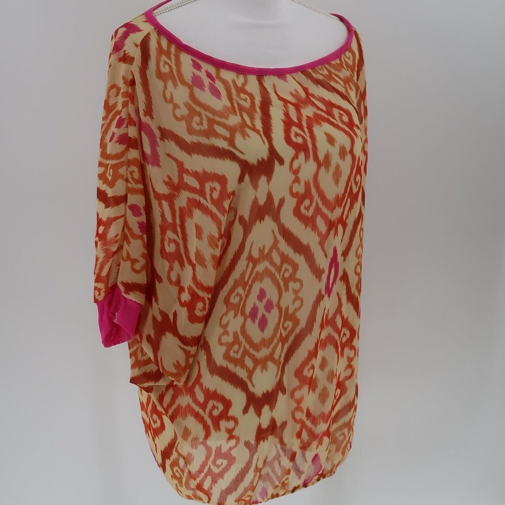 Sweet Pea by Stacy Frati Ikat Style Sheer Blouse/Coverup Pink Orange M